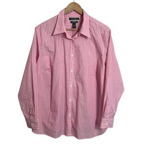 LRL Ralph Lauren Non Iron Womens Shirt Blouse 2X Pink Striped Cotton Long Sleeve